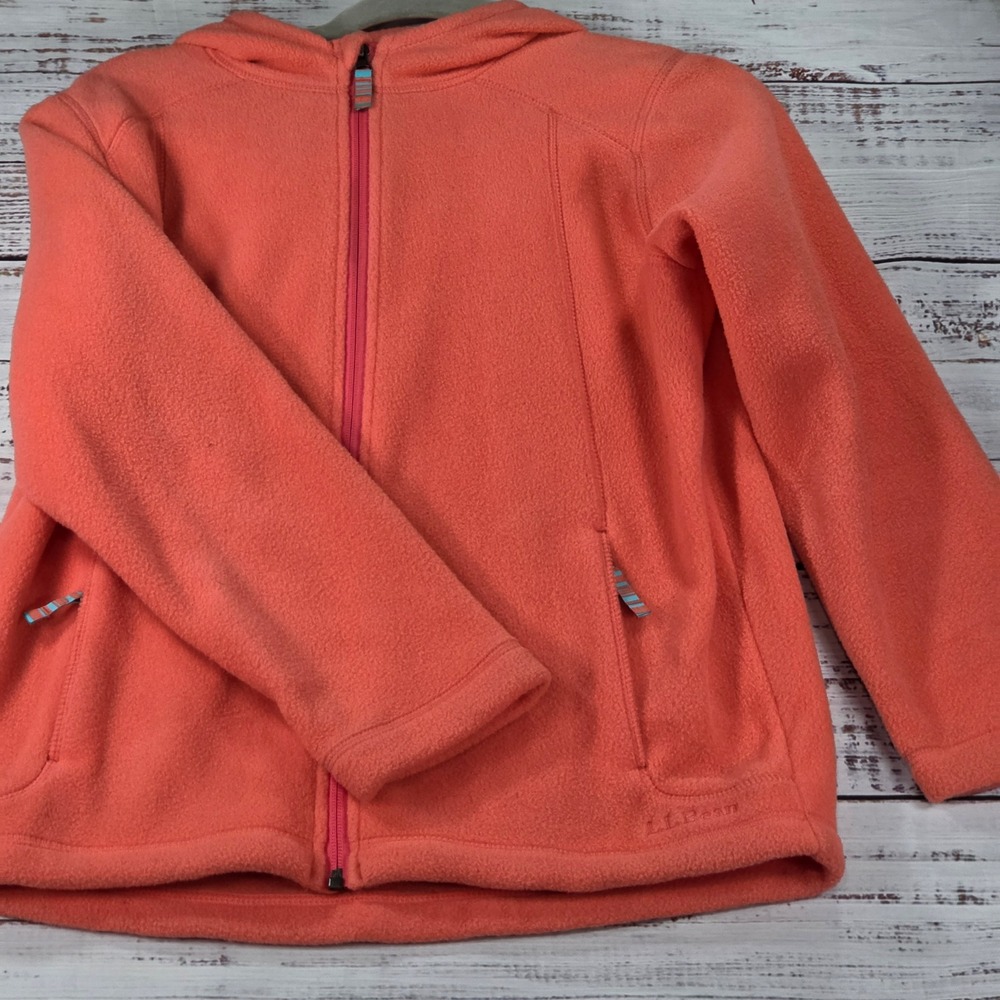 LL Bean Fleece Hoodie Girls Size L 14-16 Coral Orange Excellent Full Zip Hooded